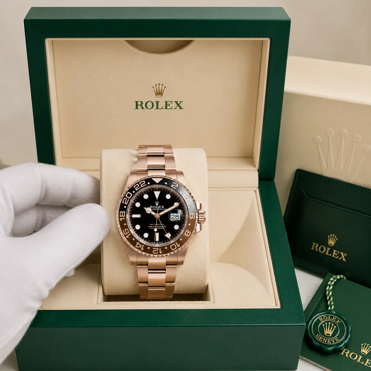 Rolex GMT-Master II m126715chnr-0001 40mm Calibre 3285 Black / Brown and Black Cerachrom Bezel 18K Everose Gold AI 头图 5 - 包装盒 [ai-shot:box-shot]
