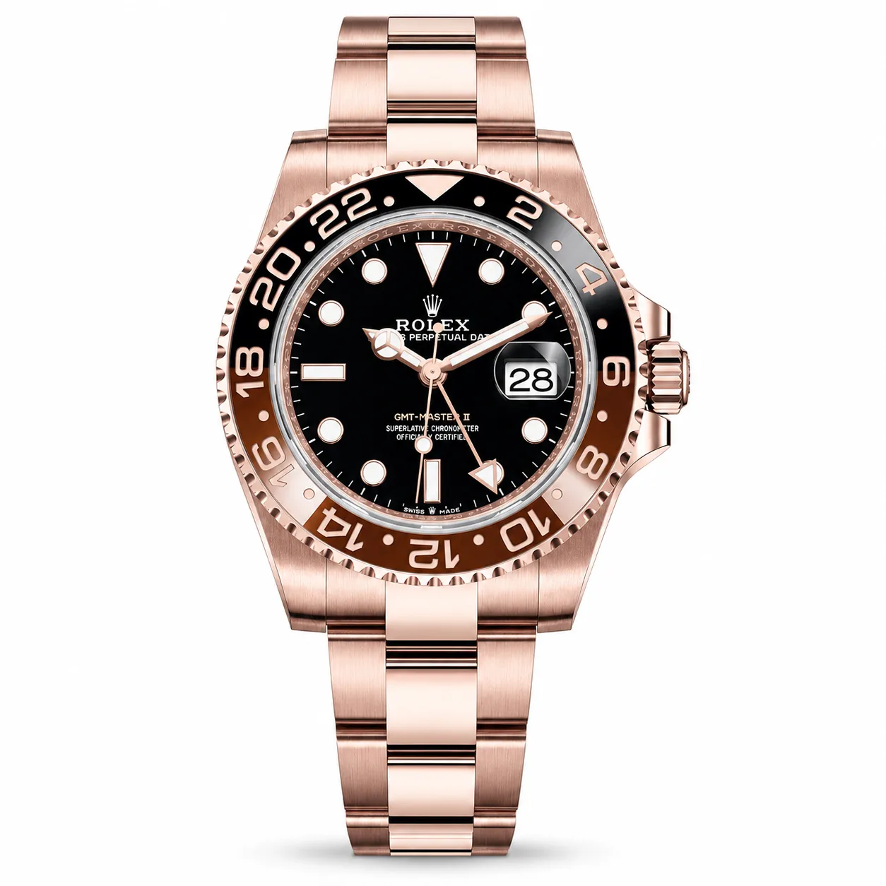 Rolex GMT-Master II m126715chnr-0001 40mm Calibre 3285 Black / Brown and Black Cerachrom Bezel 18K Everose Gold AI 头图 1 - 白底全貌 [ai-shot:full-white]
