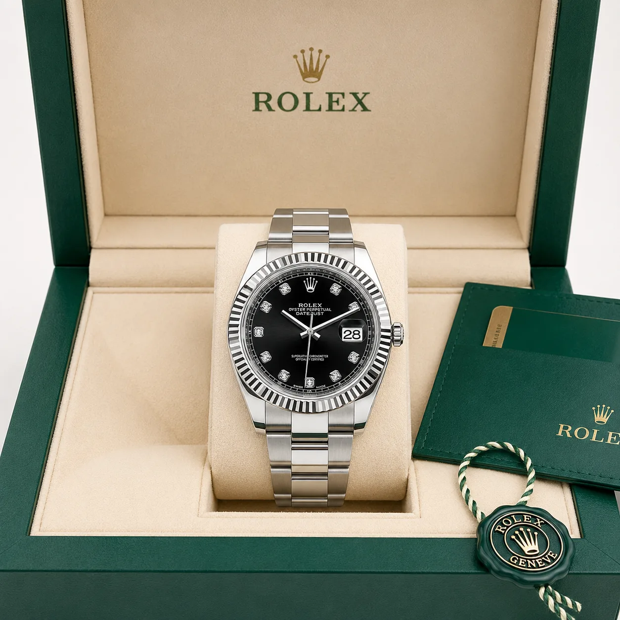 Rolex Datejust m126334-0011 41mm Calibre 3235 Black (Diamond hour markers) / White Gold Fluted Bezel 904L Stainless Steel and 18K White Gold AI 头图 5 - 包装盒 [ai-shot:box-shot]