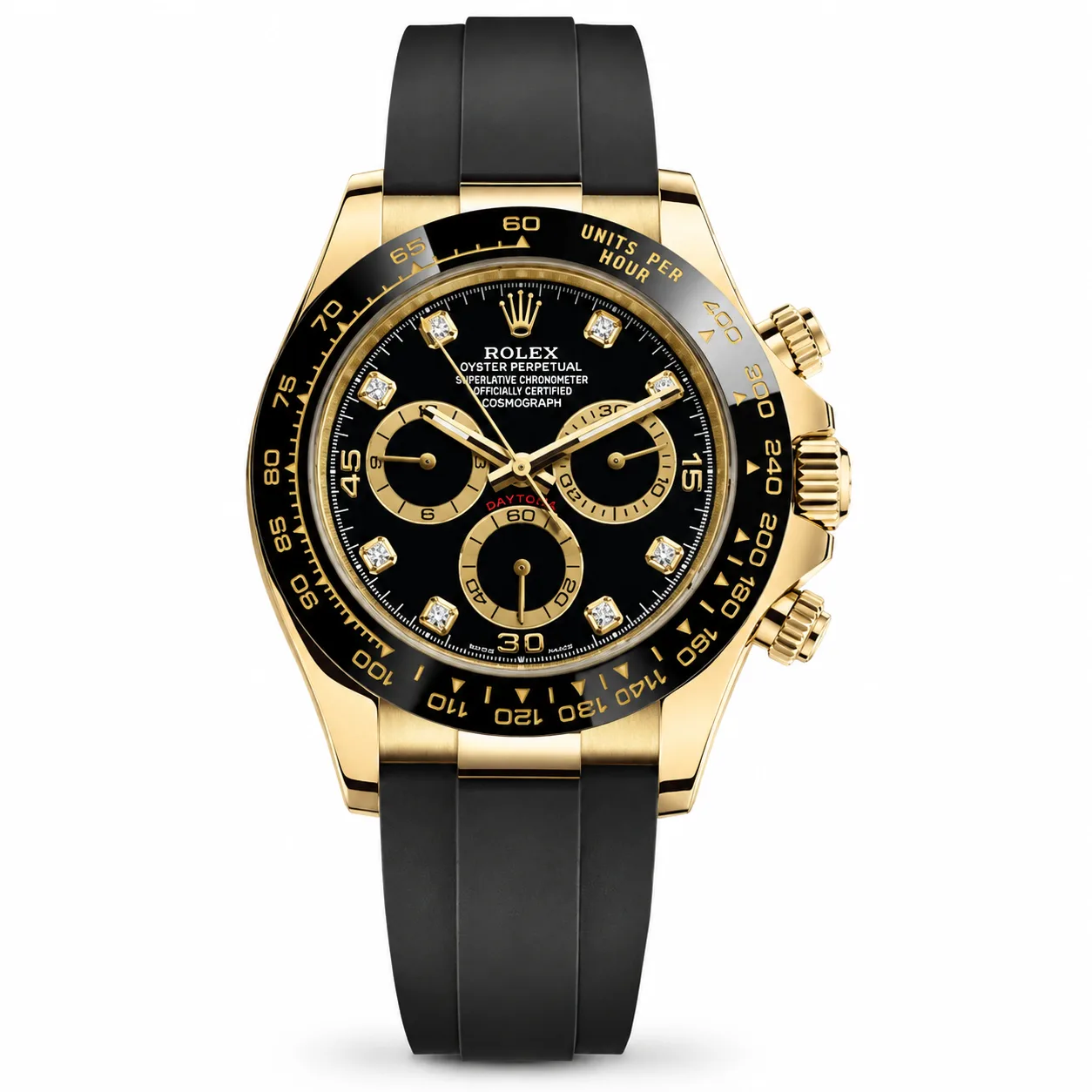 Rolex Cosmograph Daytona m116518ln-0078 40mm Calibre 4130 Black (Diamond hour markers) / Black Cerachrom Bezel 18K Yellow Gold AI 头图 1 - 白底全貌 [ai-shot:full-white]