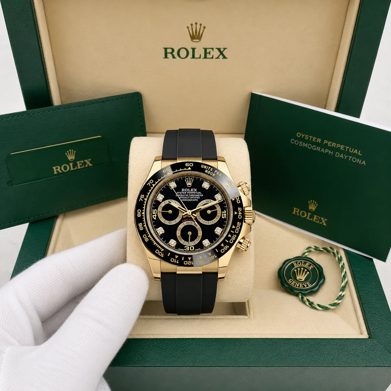 Rolex Cosmograph Daytona m116518ln-0078 40mm Calibre 4130 Black (Diamond hour markers) / Black Cerachrom Bezel 18K Yellow Gold AI 头图 5 - 包装盒 [ai-shot:box-shot]