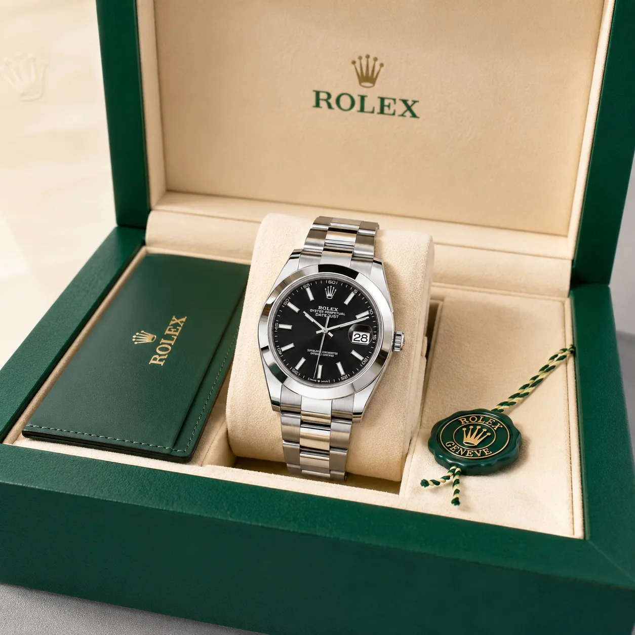 Rolex Datejust m126300-0011 41mm Calibre 3235 Black (Stick hour markers) / Polished Oystersteel Bezel 904L Stainless Steel AI 头图 5 - 包装盒 [ai-shot:box-shot]