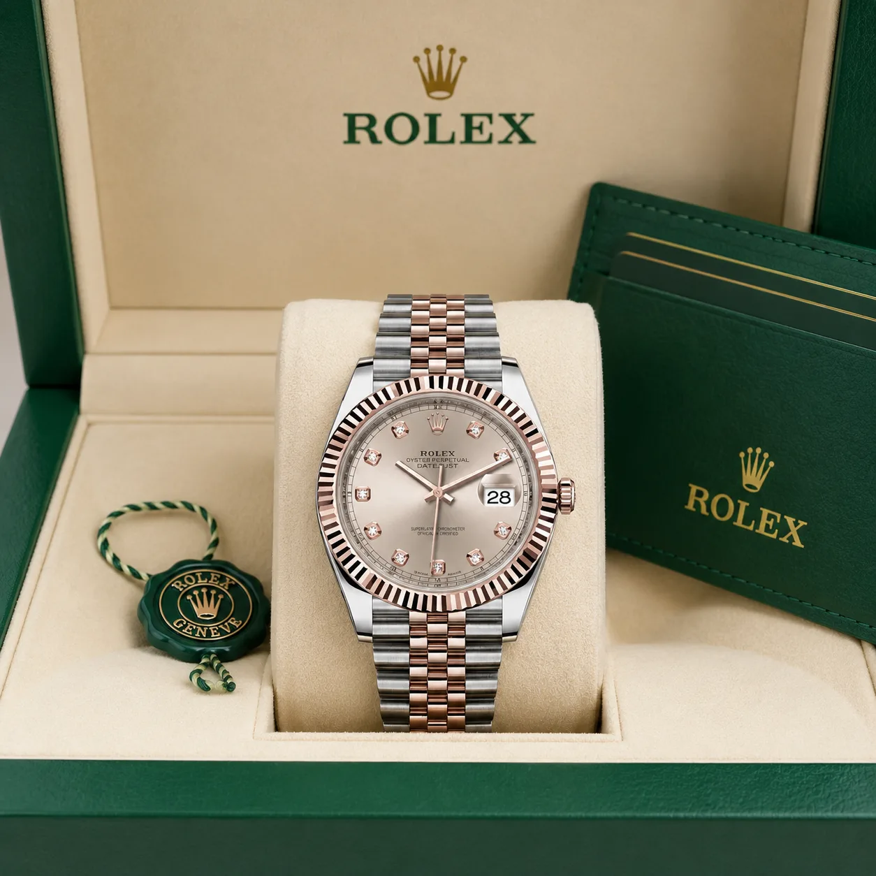 Rolex Datejust m126331-0008 41mm Calibre 3235 Pink (Diamond hour markers) / Everose Gold Fluted Bezel 904L Stainless Steel and 18K Everose Gold AI 头图 5 - 包装盒 [ai-shot:box-shot]