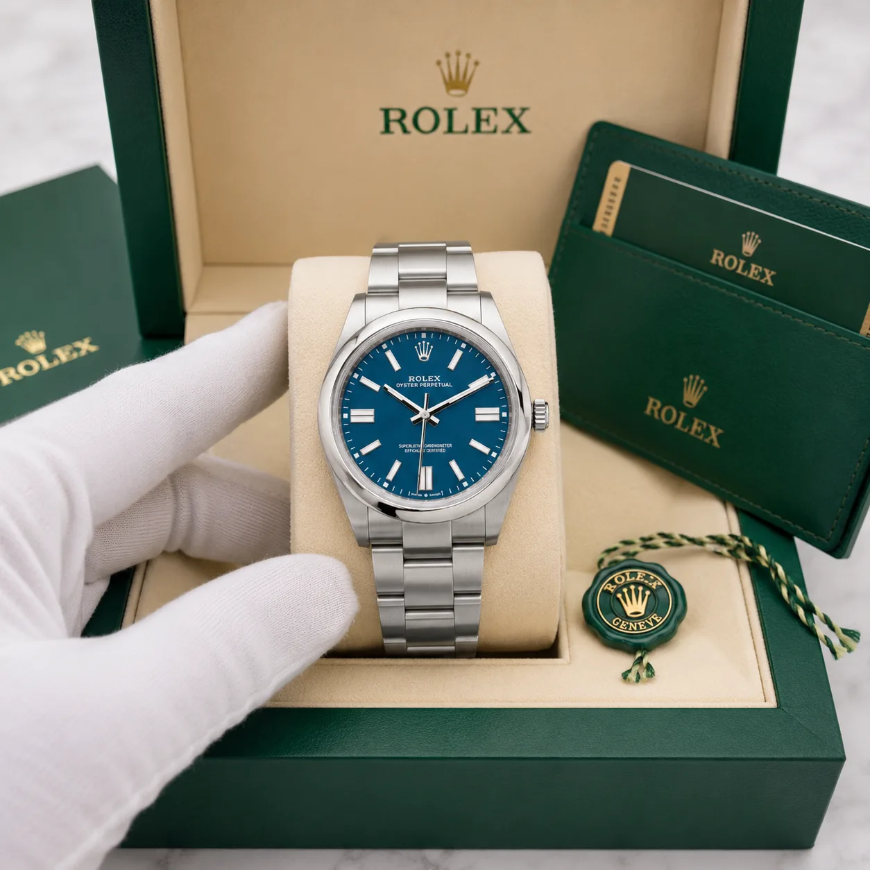 Rolex Oyster Perpetual m134300-0009 41mm Calibre 3230 Med Blue (Stick hour markers) / Polished Oystersteel Bezel 904L Stainless Steel AI 头图 5 - 包装盒 [ai-shot:box-shot]