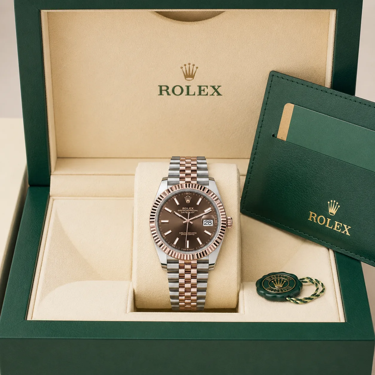 Rolex Datejust m126331-0002 41mm Calibre 3235 Chocolate (Stick hour markers) / Everose Gold Fluted Bezel 904L Stainless Steel and 18K Everose Gold AI 头图 5 - 包装盒 [ai-shot:box-shot]