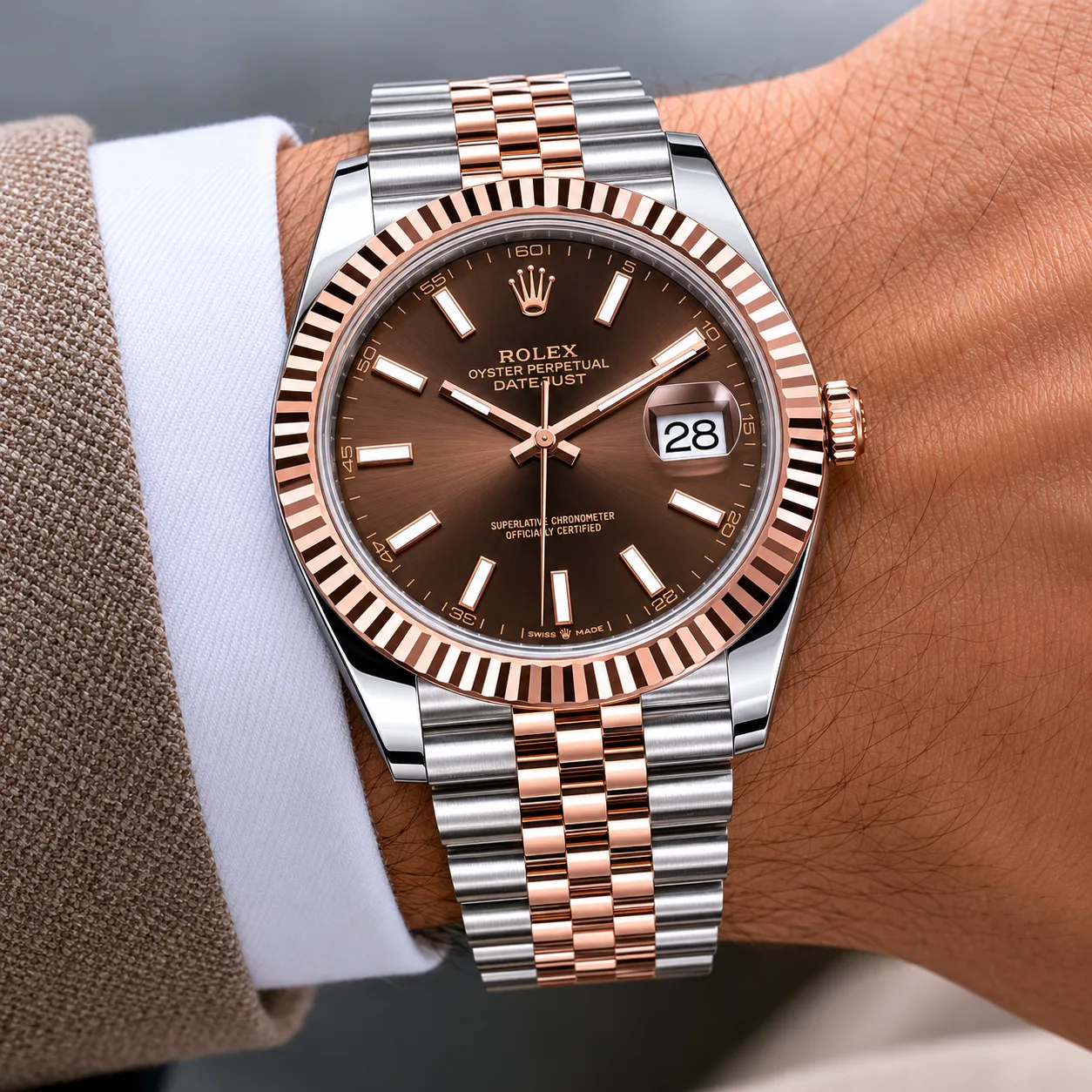 Rolex Datejust m126331-0002 41mm Calibre 3235 Chocolate (Stick hour markers) / Everose Gold Fluted Bezel 904L Stainless Steel and 18K Everose Gold AI 头图 4 - 佩戴图 [ai-shot:wrist-shot]