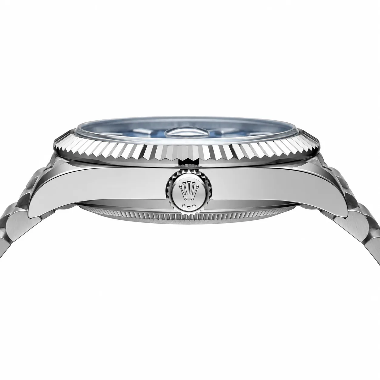 Rolex Sky-Dweller m336934-0006 42mm Calibre 9002 Bright Blue / White Gold Fluted Bezel 904L Stainless Steel and 18K White Gold AI 头图 2 - 侧面细节 [ai-shot:side-detail]