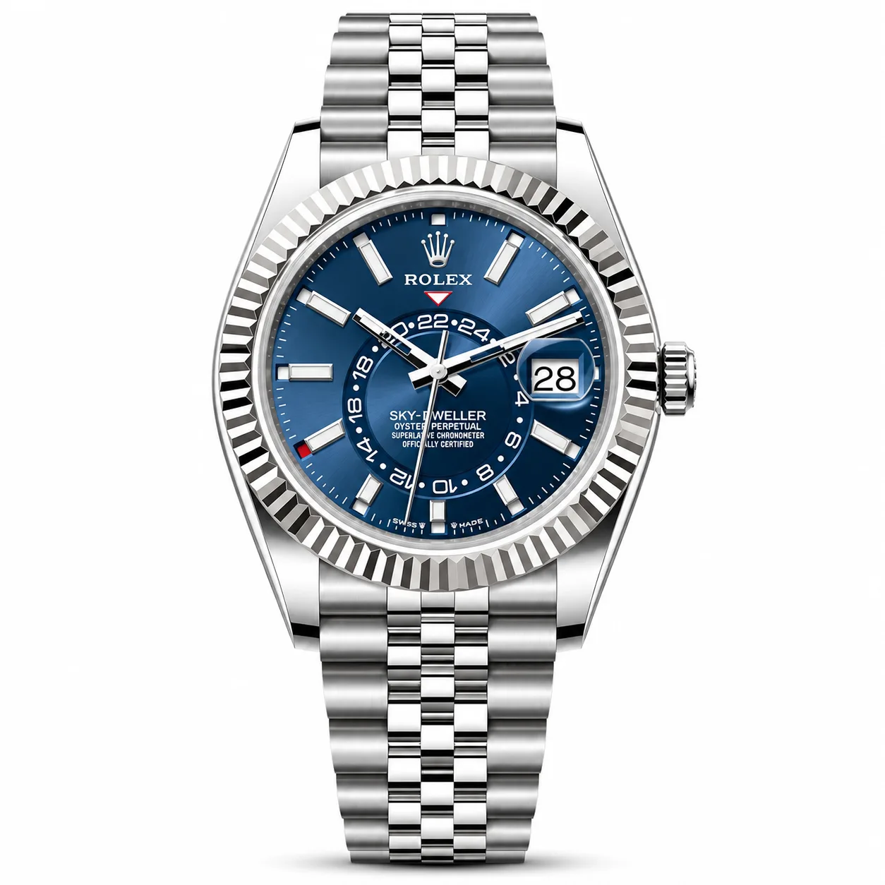 Rolex Sky-Dweller m336934-0006 42mm Calibre 9002 Bright Blue / White Gold Fluted Bezel 904L Stainless Steel and 18K White Gold AI 头图 1 - 白底全貌 [ai-shot:full-white]