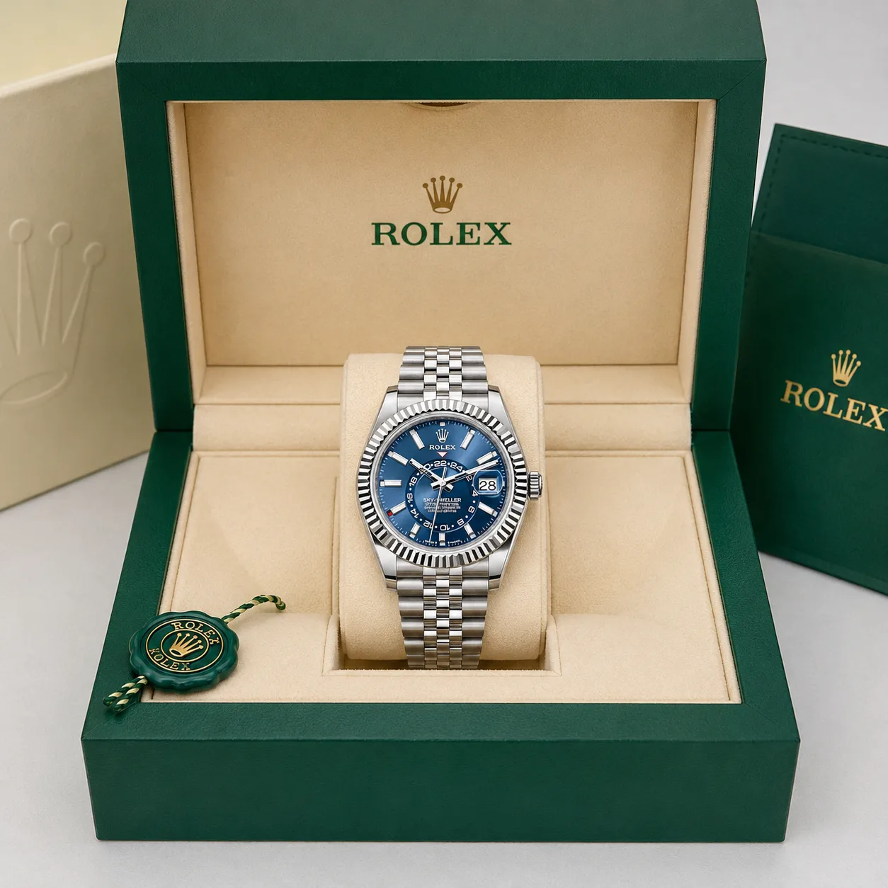 Rolex Sky-Dweller m336934-0006 42mm Calibre 9002 Bright Blue / White Gold Fluted Bezel 904L Stainless Steel and 18K White Gold AI 头图 5 - 包装盒 [ai-shot:box-shot]