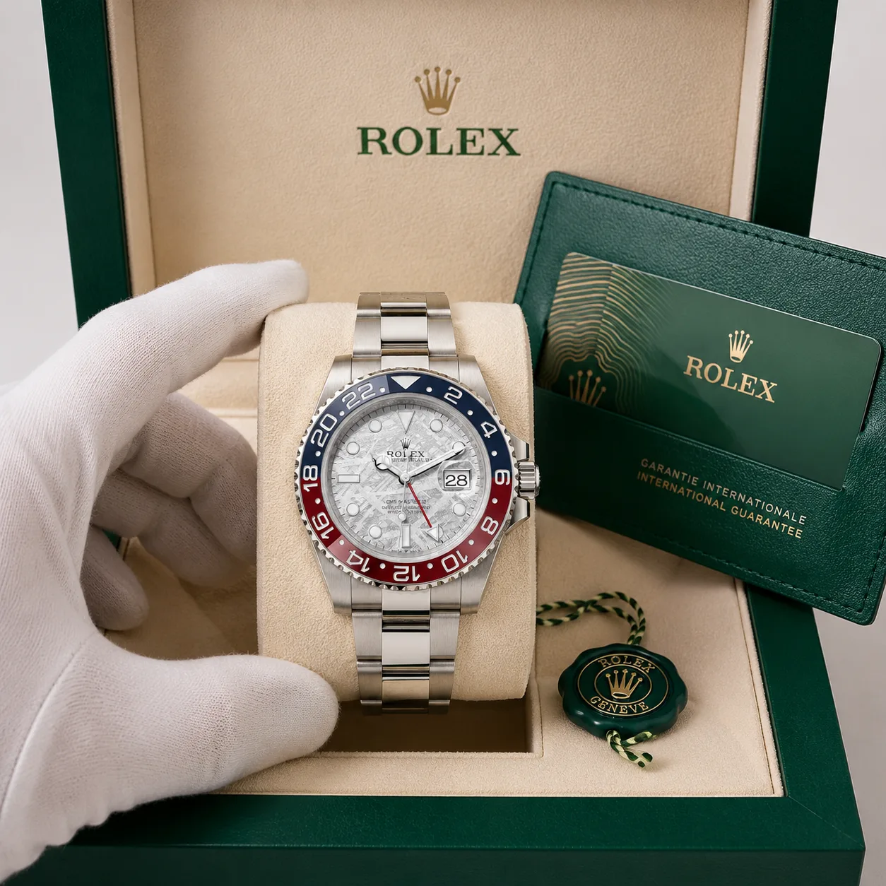 Rolex GMT-Master II m126719blro-0002 40mm Calibre 3285 Meteorite / Red and Blue Cerachrom Bezel 18K White Gold AI 头图 5 - 包装盒 [ai-shot:box-shot]
