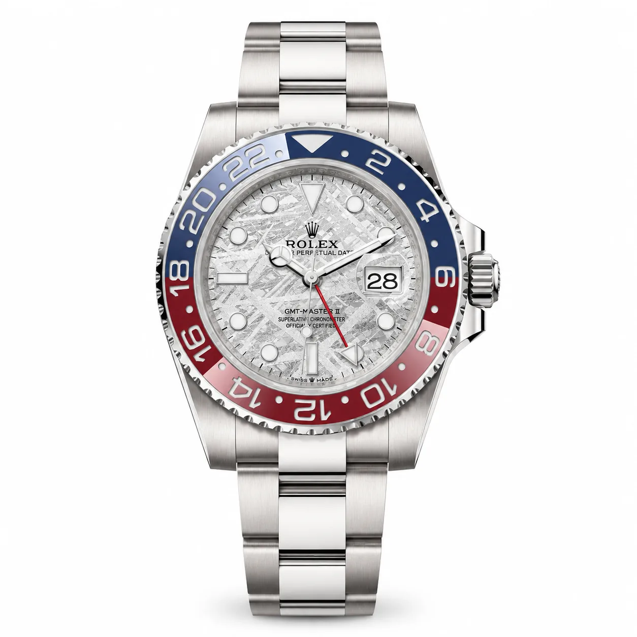 Rolex GMT-Master II m126719blro-0002 40mm Calibre 3285 Meteorite / Red and Blue Cerachrom Bezel 18K White Gold AI 头图 1 - 白底全貌 [ai-shot:full-white]