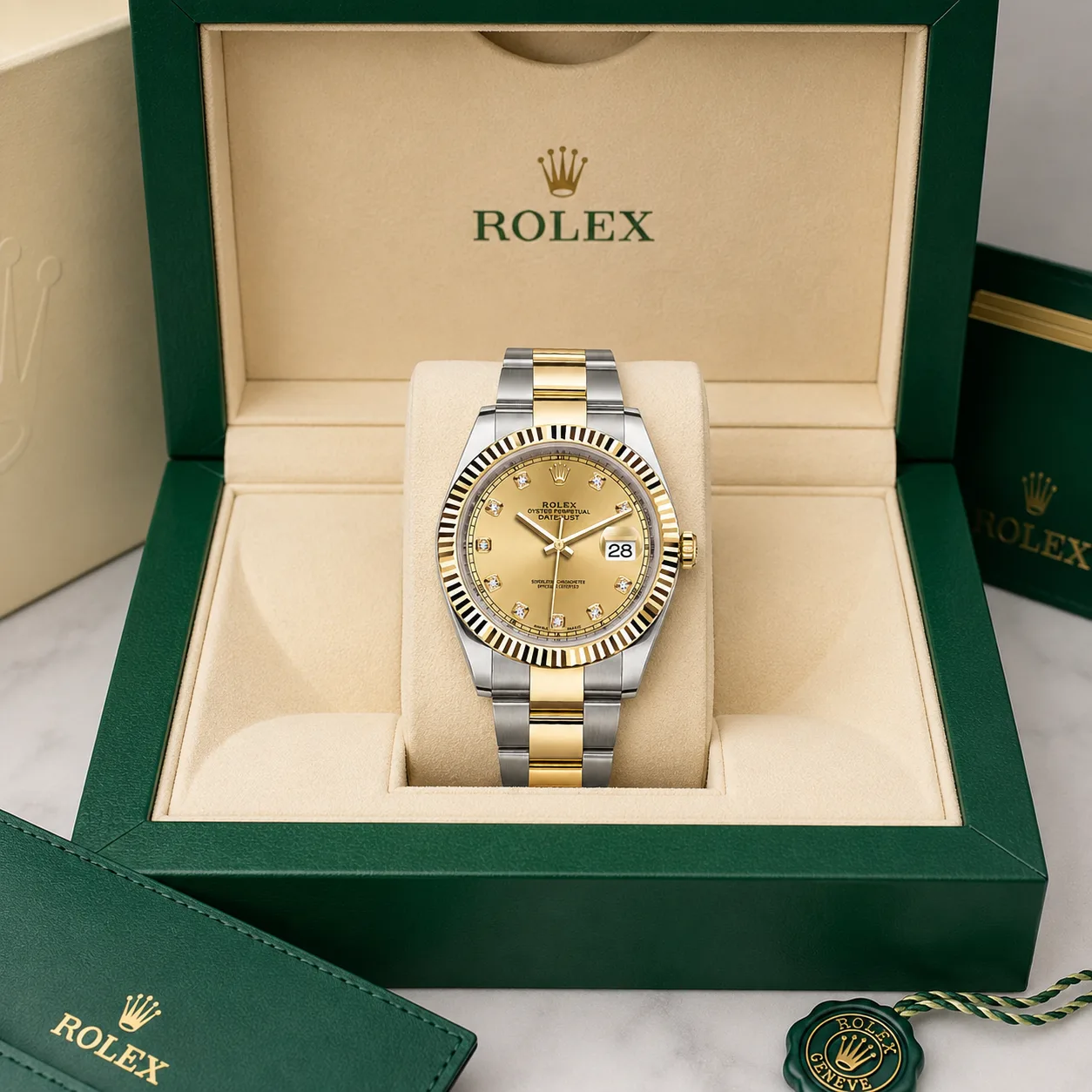 Rolex Datejust m126333-0011 41mm Calibre 3235 — / Yellow Gold Fluted Bezel 904L Stainless Steel and 18K Yellow Gold AI 头图 5 - 包装盒 [ai-shot:box-shot]