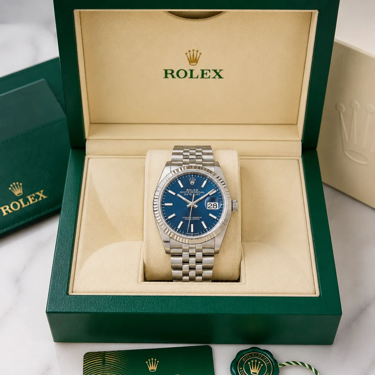 Rolex Datejust m126234-0017 36mm Calibre 3235 Bright Blue / White Gold Fluted Bezel 904L Stainless Steel and 18K White Gold AI 头图 5 - 包装盒 [ai-shot:box-shot]