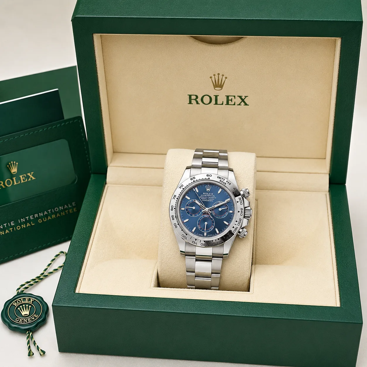 Rolex Cosmograph Daytona m126509-0005 40mm Calibre 4131 Bright Blue / White Gold Cerachrom Bezel 18K White Gold AI 头图 5 - 包装盒 [ai-shot:box-shot]