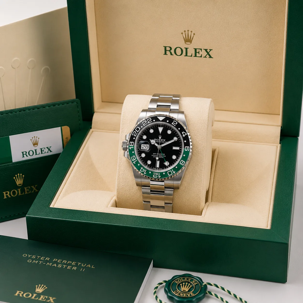 Rolex GMT-Master II M126720VTNR-0001 40mm Calibre 3285 Black / Black & Green Cerachrom Bezel 904L Stainless Steel AI 头图 5 - 包装盒 [ai-shot:box-shot]