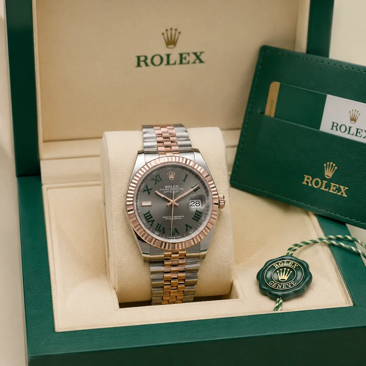 Rolex Datejust m126331-0016 41mm Calibre 3235 Slate Grey / Everose Gold Fluted Bezel 904L Stainless Steel and 18K Everose Gold AI 头图 5 - 包装盒 [ai-shot:box-shot]