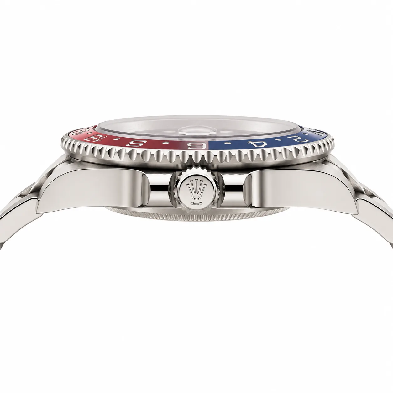 Rolex GMT-Master II m126719blro-0003 40mm Calibre 3285 Black / Red & Blue Cerachrom Bezel 18K White Gold AI 头图 2 - 侧面细节 [ai-shot:side-detail]