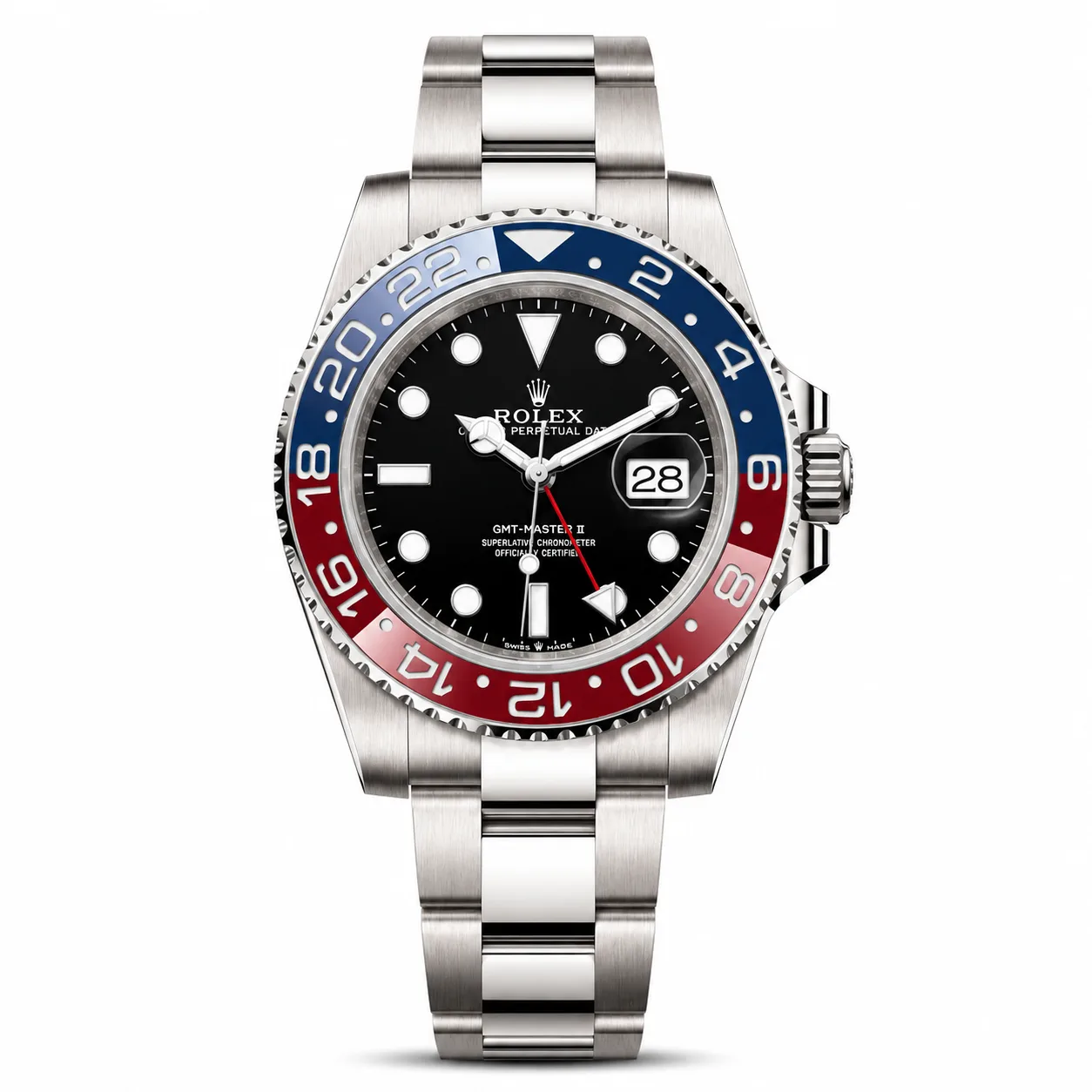 Rolex GMT-Master II m126719blro-0003 40mm Calibre 3285 Black / Red & Blue Cerachrom Bezel 18K White Gold AI 头图 1 - 白底全貌 [ai-shot:full-white]
