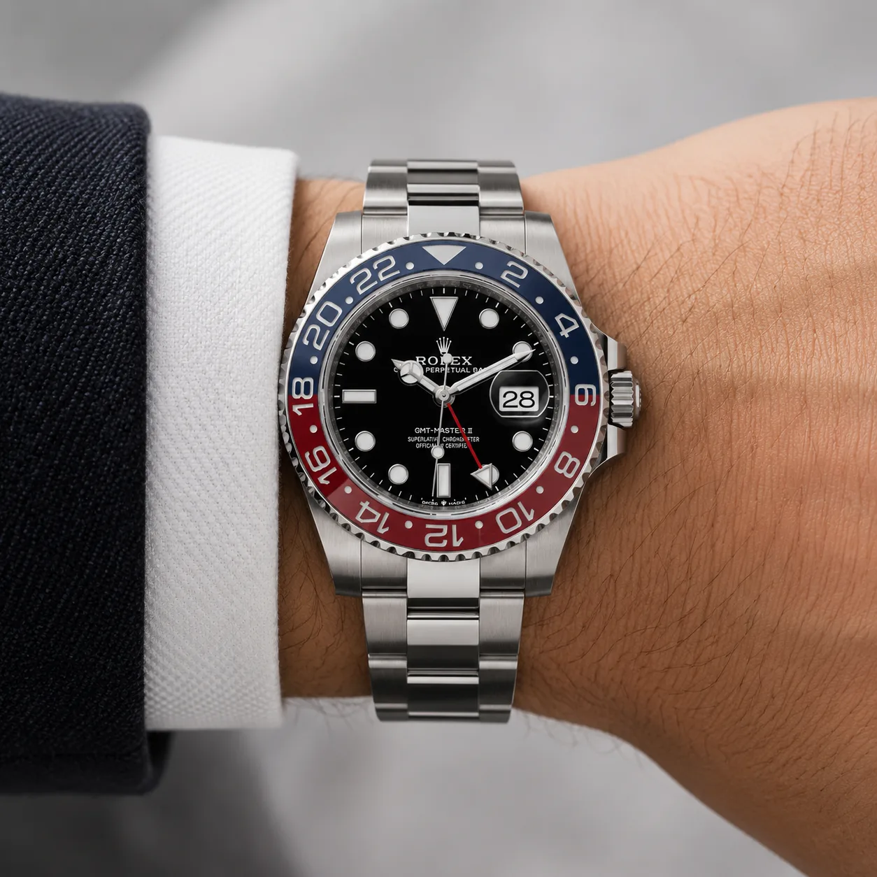 Rolex GMT-Master II m126719blro-0003 40mm Calibre 3285 Black / Red & Blue Cerachrom Bezel 18K White Gold AI 头图 4 - 佩戴图 [ai-shot:wrist-shot]