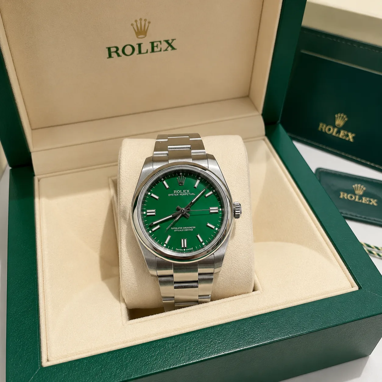 Rolex Oyster Perpetual M124300-0005 Cal.3230 Green Dial AI 头图 5 - 包装盒 [ai-shot:box-shot]