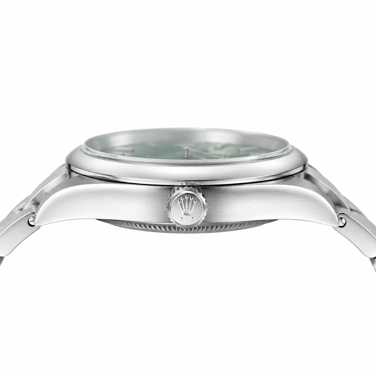 Rolex Oyster Perpetual M124300-0005 Cal.3230 Green Dial AI 头图 2 - 侧面细节 [ai-shot:side-detail]