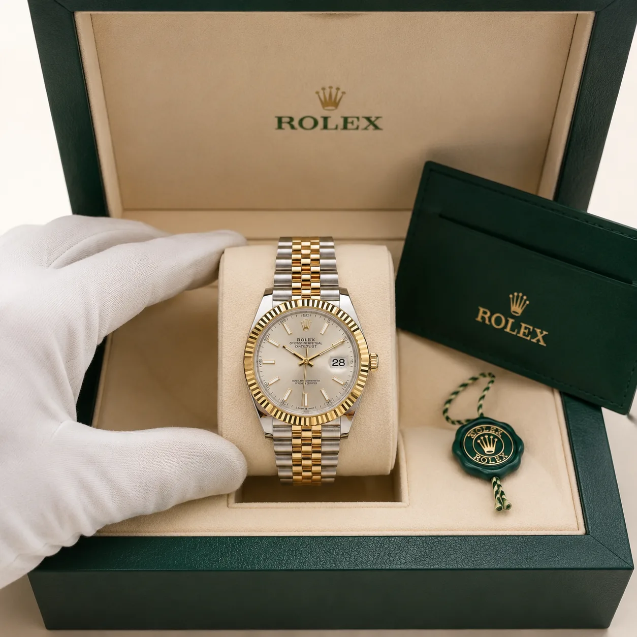 Rolex Datejust m126333-0002 41mm Calibre 3235 Champagne / Yellow Gold Fluted Bezel 904L Stainless Steel and 18K Yellow Gold AI 头图 5 - 包装盒 [ai-shot:box-shot]