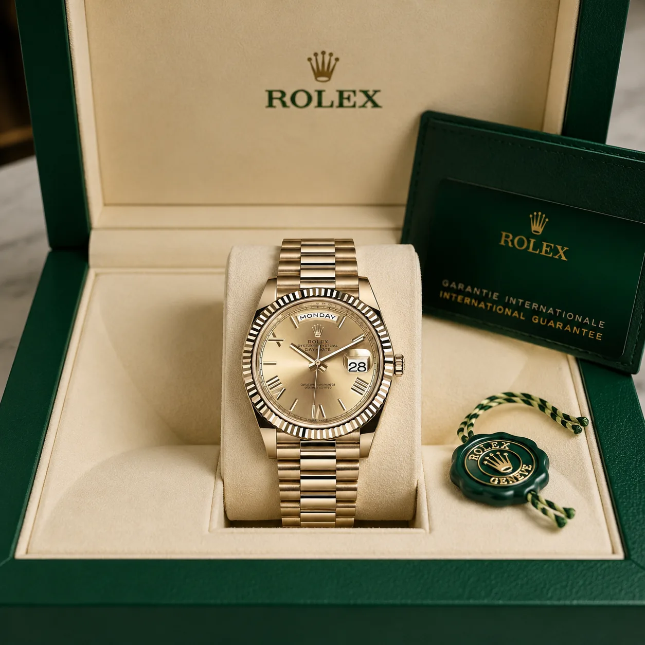 Rolex Datejust m228238-0006 36mm Calibre 2236 Champagne / Diamond-Set Bezel 18K Yellow Gold AI 头图 5 - 包装盒 [ai-shot:box-shot]