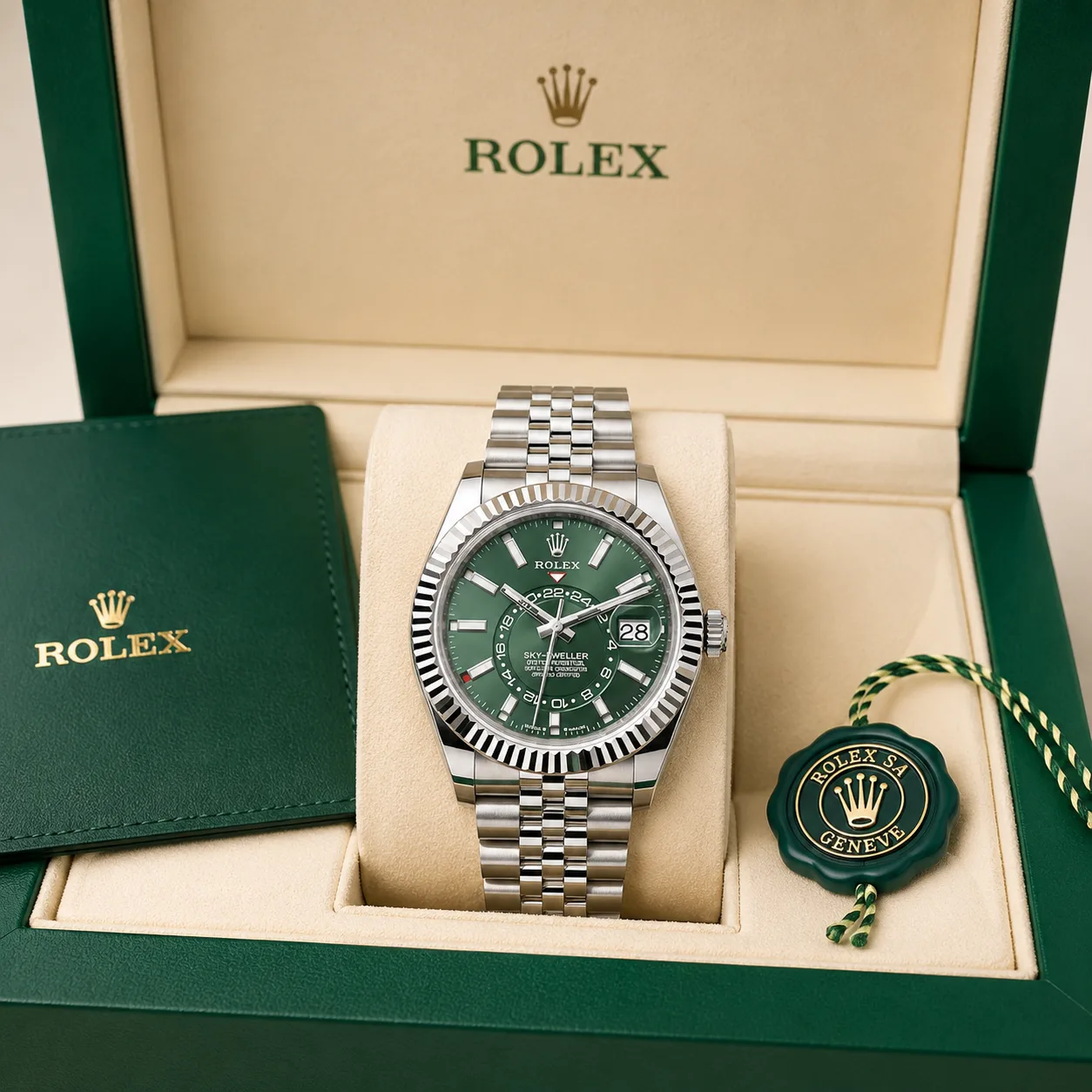 Rolex Sky-Dweller m336934-0002 42mm Calibre 9002 Silver / White Gold Fluted Bezel 904L Stainless Steel and 18K White Gold AI 头图 5 - 包装盒 [ai-shot:box-shot]
