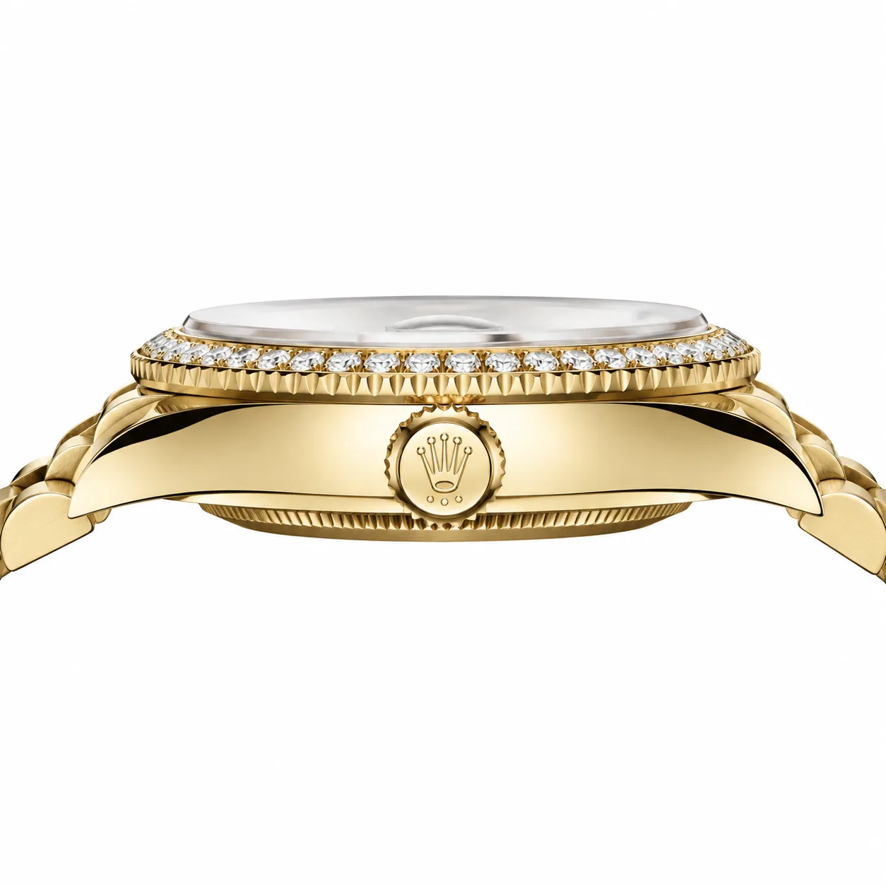 Rolex Datejust m228348rbr-0001 28mm Calibre 2236 White Mother-of-Pearl / Diamond-Set Bezel 18K Yellow Gold AI 头图 2 - 侧面细节 [ai-shot:side-detail]