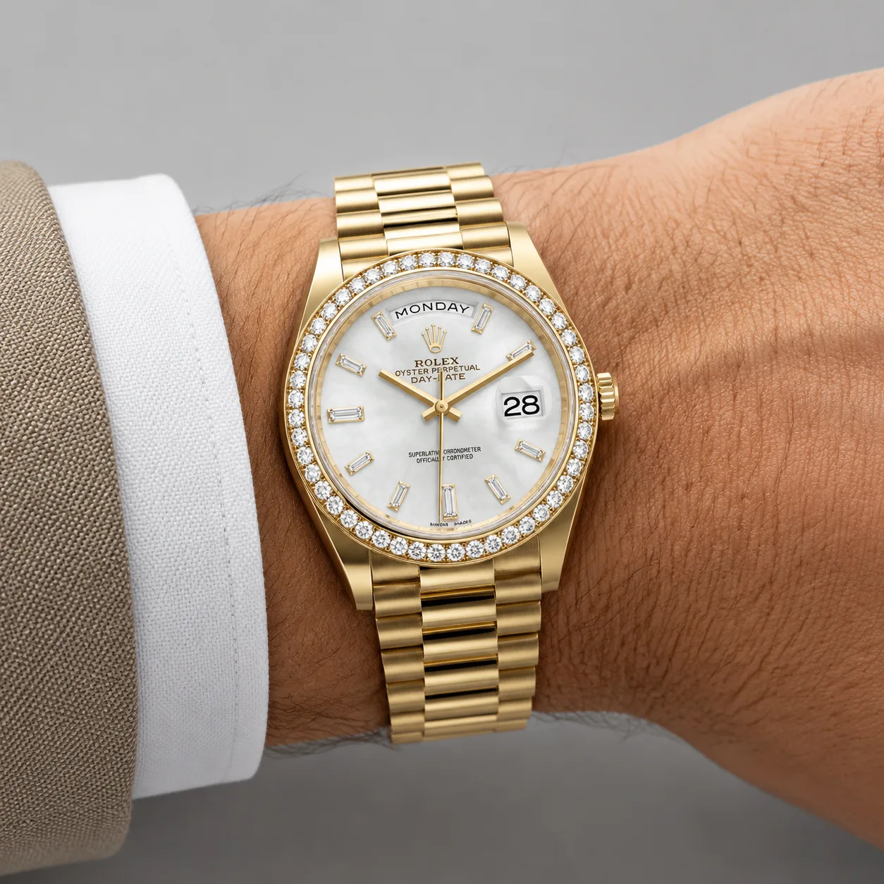 Rolex Datejust m228348rbr-0001 28mm Calibre 2236 White Mother-of-Pearl / Diamond-Set Bezel 18K Yellow Gold AI 头图 4 - 佩戴图 [ai-shot:wrist-shot]