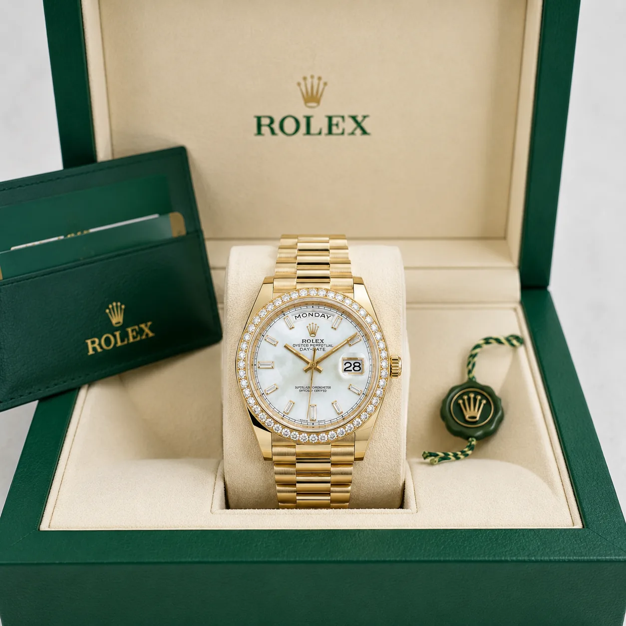 Rolex Datejust m228348rbr-0001 28mm Calibre 2236 White Mother-of-Pearl / Diamond-Set Bezel 18K Yellow Gold AI 头图 5 - 包装盒 [ai-shot:box-shot]