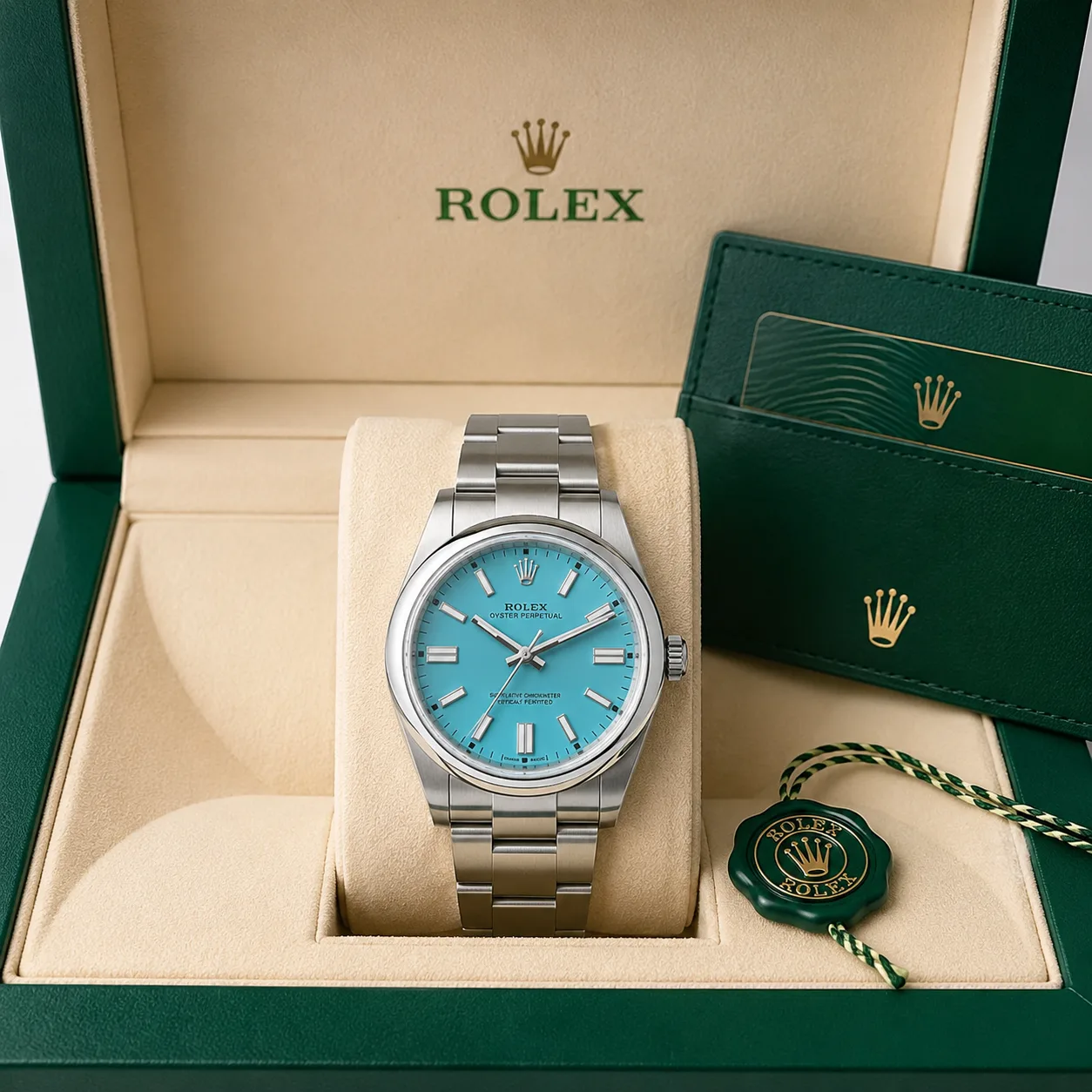 Rolex Oyster Perpetual m134300-0008 41mm Calibre 3230 Turquoise Blue / Smooth Bezel 904L Stainless Steel AI 头图 5 - 包装盒 [ai-shot:box-shot]
