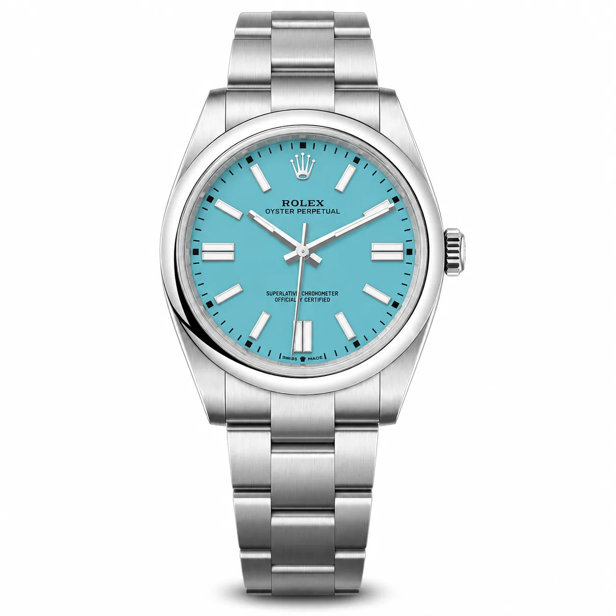 Rolex Oyster Perpetual m134300-0008 41mm Calibre 3230 Turquoise Blue / Smooth Bezel 904L Stainless Steel AI 头图 1 - 白底全貌 [ai-shot:full-white]