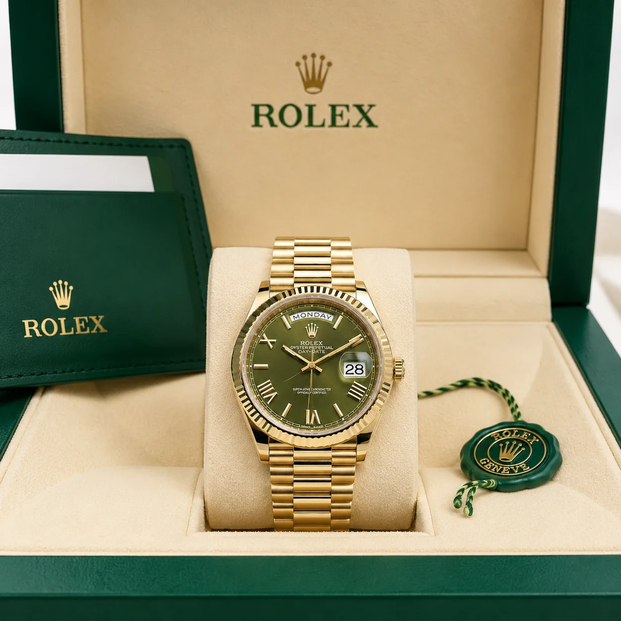 Rolex Datejust m228238-0042 36mm Calibre 2236 Olive Green / Diamond-Set Bezel 18K Yellow Gold AI 头图 5 - 包装盒 [ai-shot:box-shot]