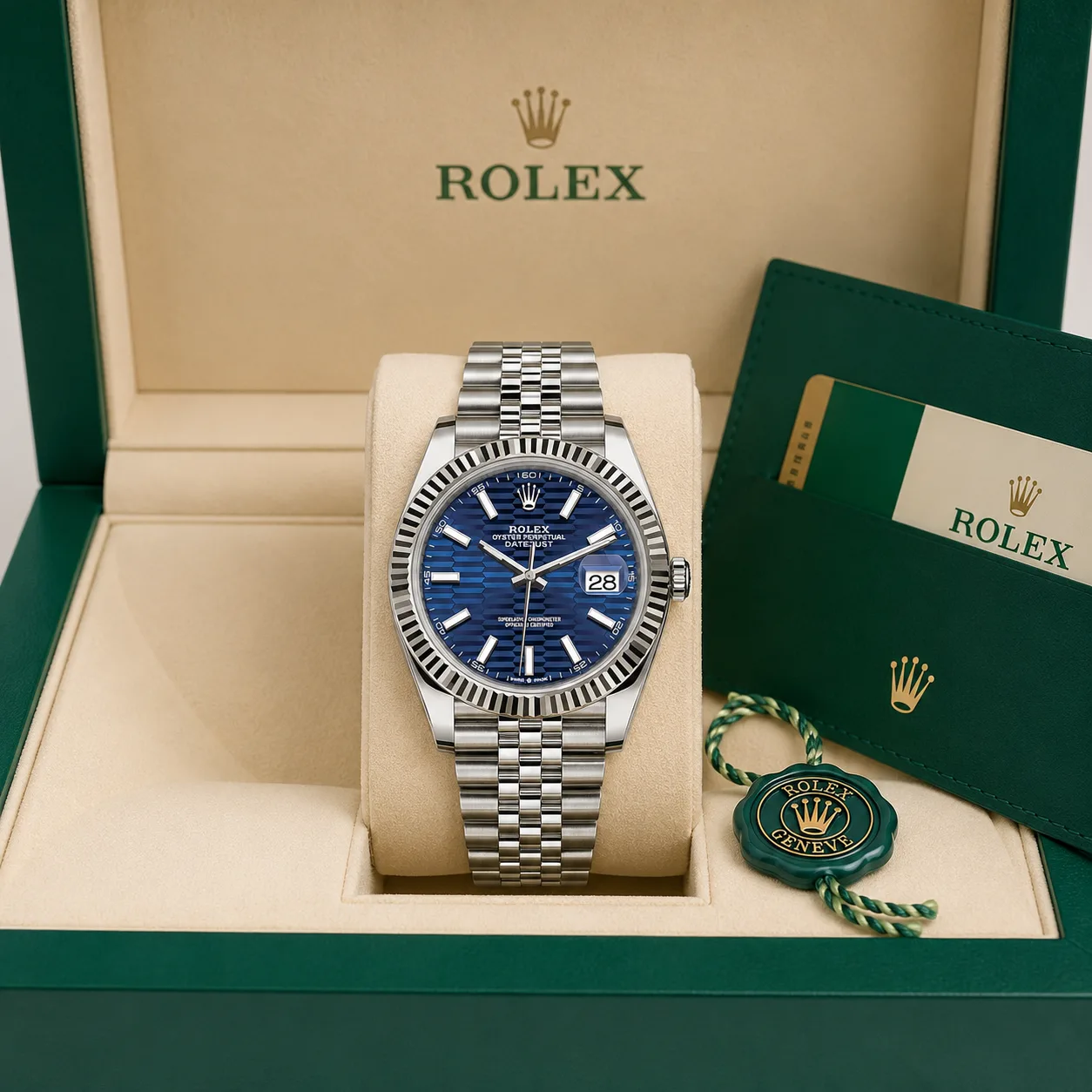Rolex Datejust m126334-0032 41mm Calibre 3235 Blue (Wavy) / White Gold Fluted Bezel 904L Stainless Steel and 18K White Gold AI 头图 5 - 包装盒 [ai-shot:box-shot]