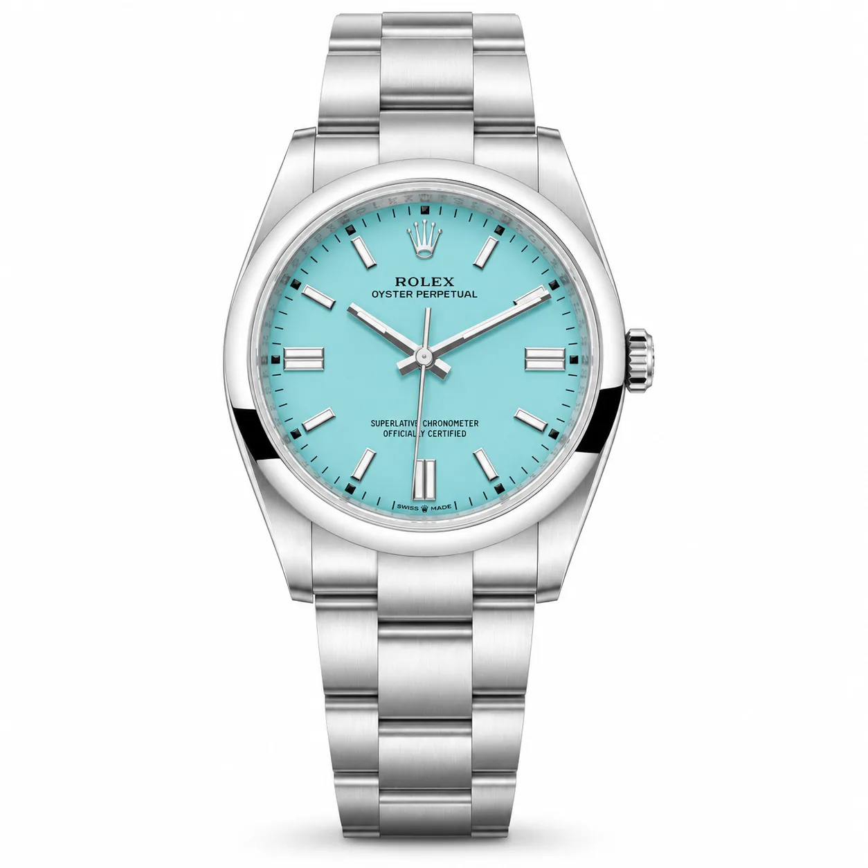 Rolex Oyster Perpetual m126000-0006 36mm Calibre 3230 Turquoise Blue / Smooth Bezel 904L Stainless Steel AI 头图 1 - 白底全貌 [ai-shot:full-white]