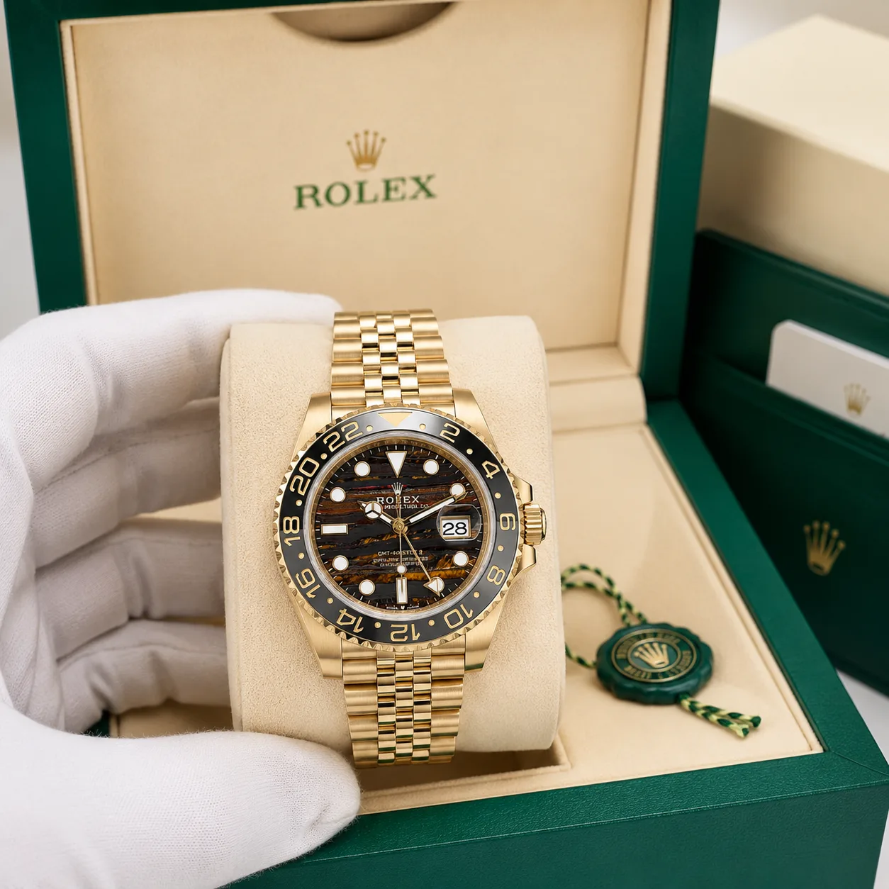 Rolex GMT-Master II m126718GRNR-0002 40mm Calibre 3285 Iron Tiger Eye / Grey & Black Cerachrom Bezel 18K Yellow Gold AI 头图 5 - 包装盒 [ai-shot:box-shot]