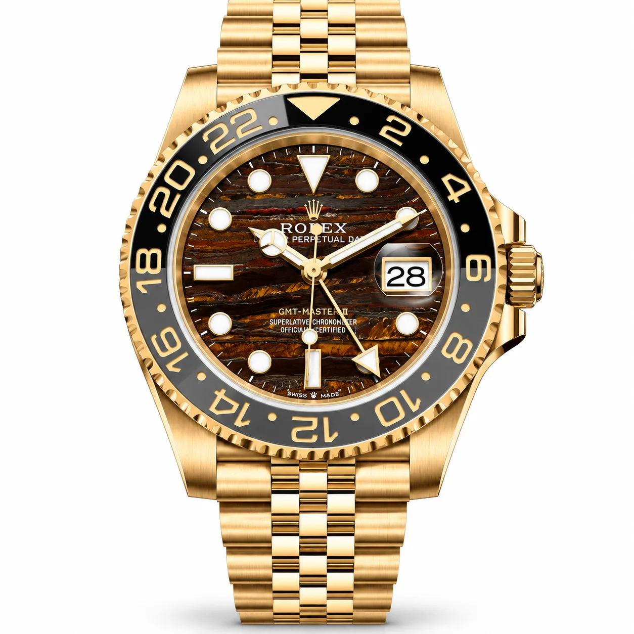 Rolex GMT-Master II m126718GRNR-0002 40mm Calibre 3285 Iron Tiger Eye / Grey & Black Cerachrom Bezel 18K Yellow Gold AI 头图 1 - 白底全貌 [ai-shot:full-white]