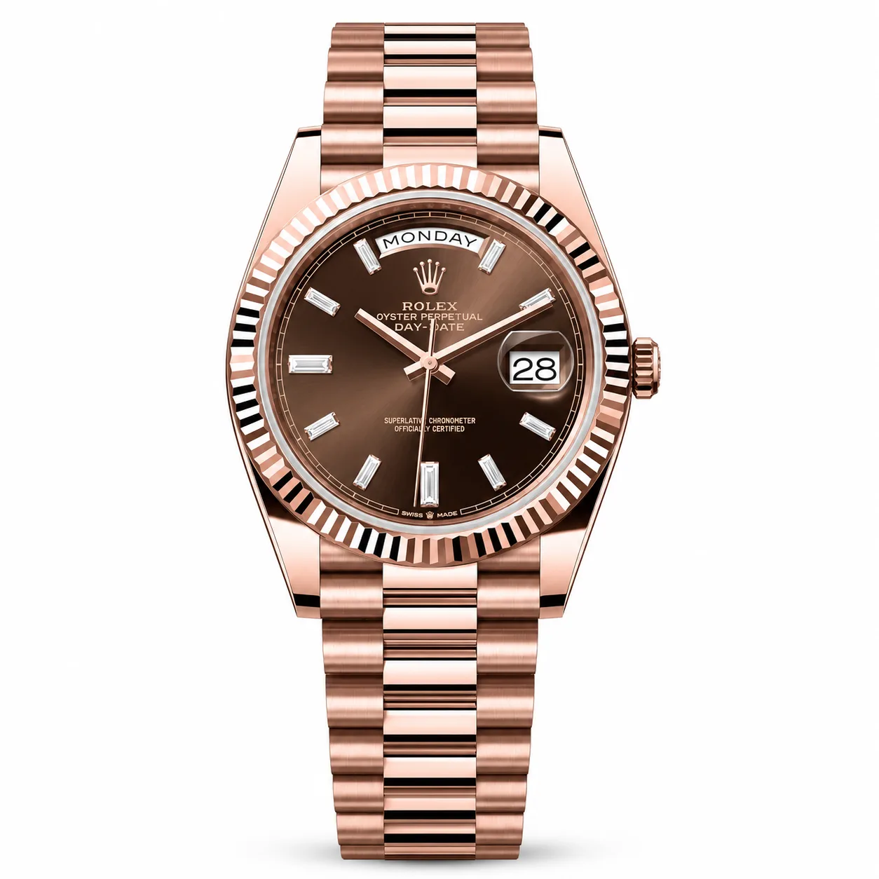 Rolex Day-Date m228235-0003 40mm Calibre 3255 Chocolate / Triangular Fluted Bezel 18K Everose Gold AI 头图 1 - 白底全貌 [ai-shot:full-white]