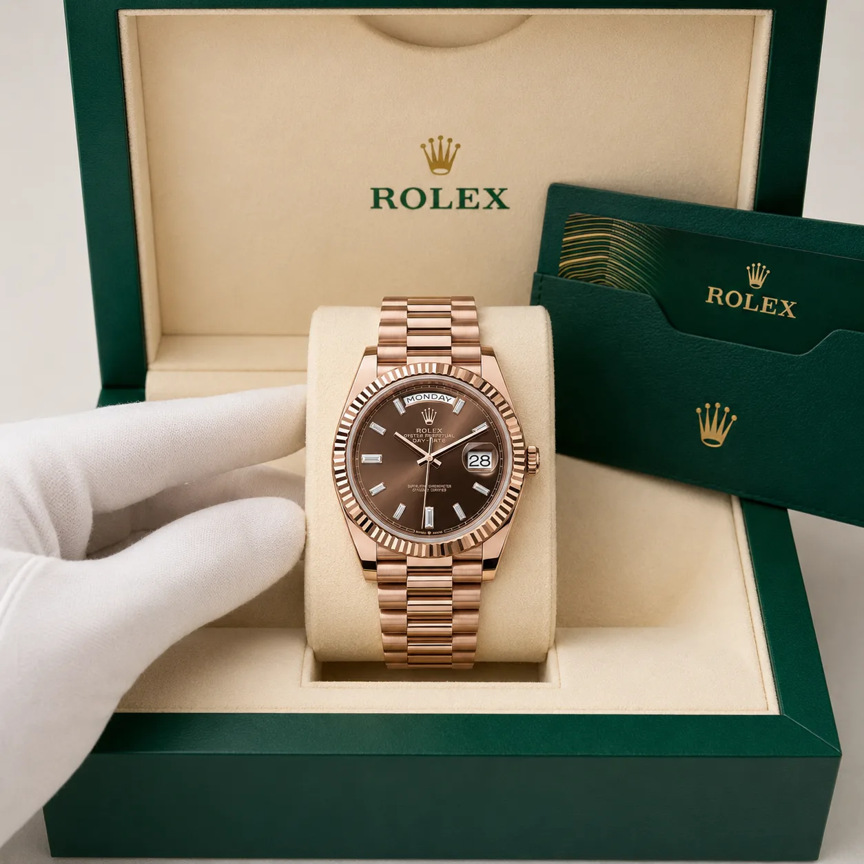 Rolex Day-Date m228235-0003 40mm Calibre 3255 Chocolate / Triangular Fluted Bezel 18K Everose Gold AI 头图 5 - 包装盒 [ai-shot:box-shot]