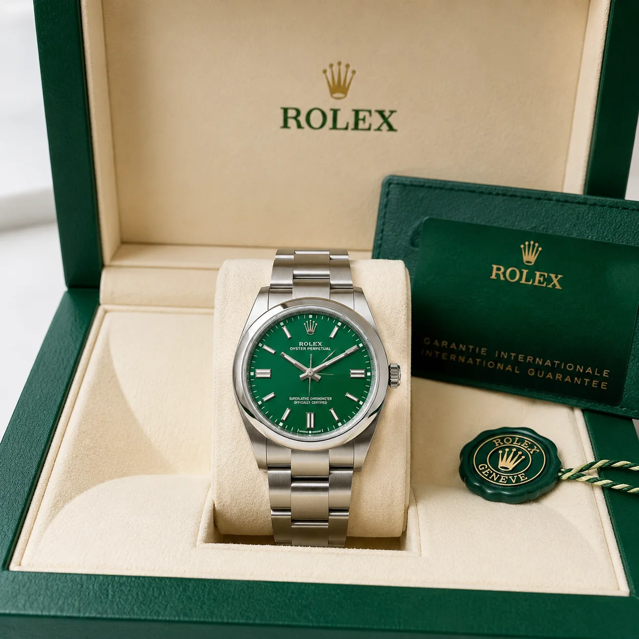 Rolex Oyster Perpetual m126000-0005 36mm Calibre 3230 Green / Smooth Bezel 904L Stainless Steel AI 头图 5 - 包装盒 [ai-shot:box-shot]
