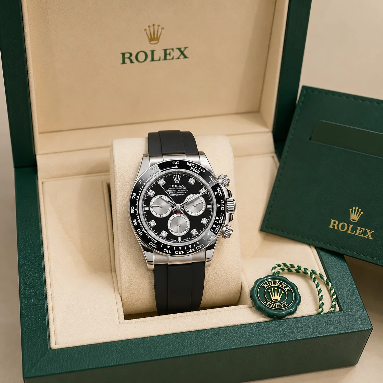 Rolex Cosmograph Daytona m126519ln-0004 40mm Calibre 3285 Black / Black Cerachrom Bezel 18K White Gold AI 头图 5 - 包装盒 [ai-shot:box-shot]