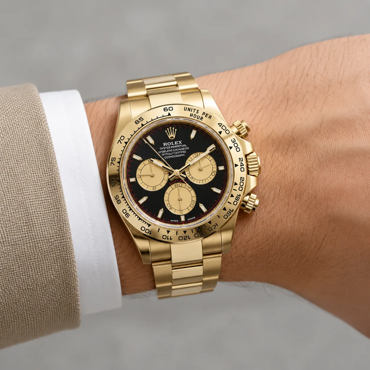 Rolex Cosmograph Daytona m126508-0002 40mm Calibre 4131 Black / Yellow Gold Bezel 18K Yellow Gold AI 头图 4 - 佩戴图 [ai-shot:wrist-shot]