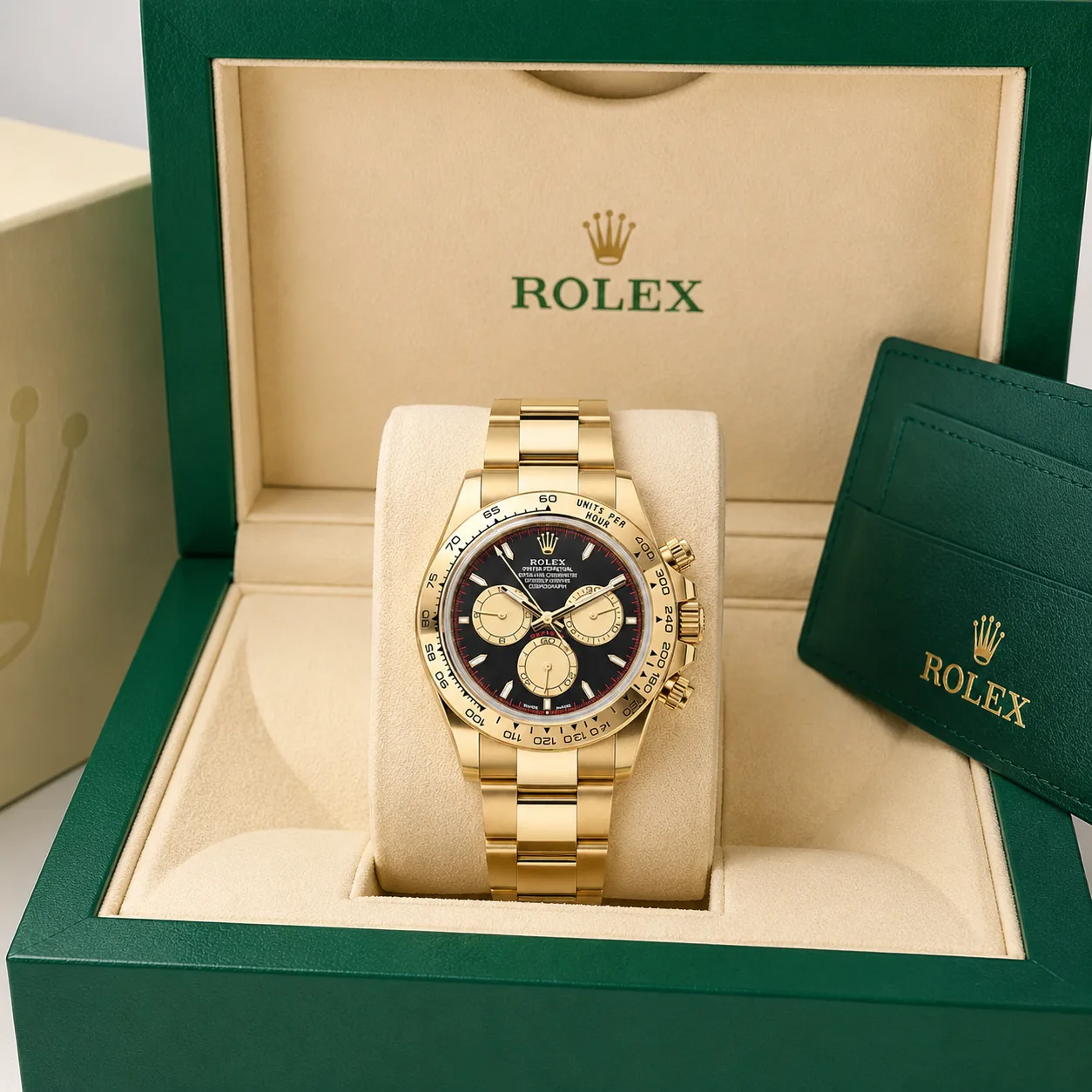 Rolex Cosmograph Daytona m126508-0002 40mm Calibre 4131 Black / Yellow Gold Bezel 18K Yellow Gold AI 头图 5 - 包装盒 [ai-shot:box-shot]