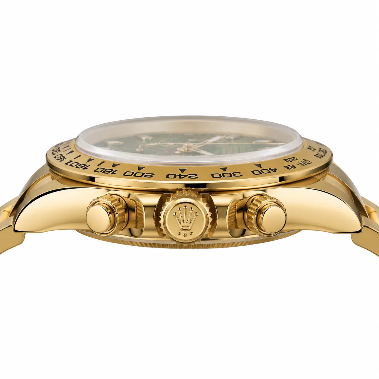 Rolex Cosmograph Daytona m116508-0015 40mm Calibre 4130 Green / Yellow Gold Bezel 18K Yellow Gold AI 头图 2 - 侧面细节 [ai-shot:side-detail]