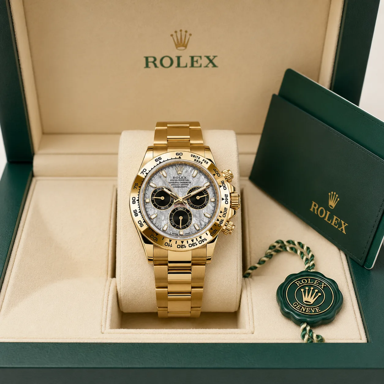 Rolex Cosmograph Daytona m116508-0015 40mm Calibre 4130 Green / Yellow Gold Bezel 18K Yellow Gold AI 头图 5 - 包装盒 [ai-shot:box-shot]