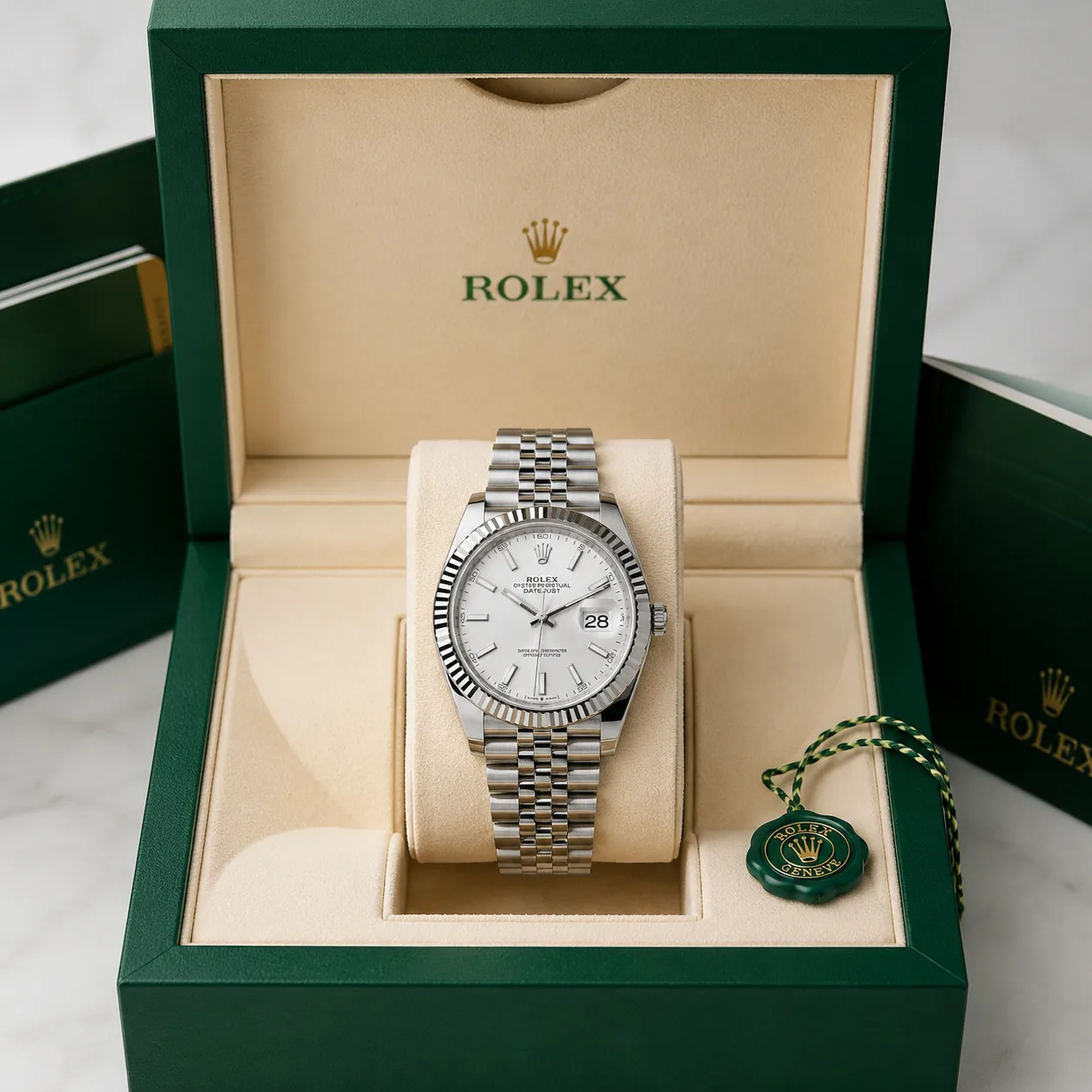 Rolex Datejust m126334-0010 41mm Calibre 3235 Silver / White Gold Fluted Bezel 904L Stainless Steel and 18K White Gold AI 头图 5 - 包装盒 [ai-shot:box-shot]