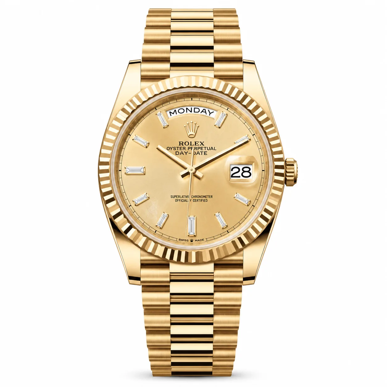 Rolex Day-Date m228238-0071 40mm Calibre 3255 Champagne / Triangular Fluted Bezel 18K Yellow Gold AI 头图 1 - 白底全貌 [ai-shot:full-white]