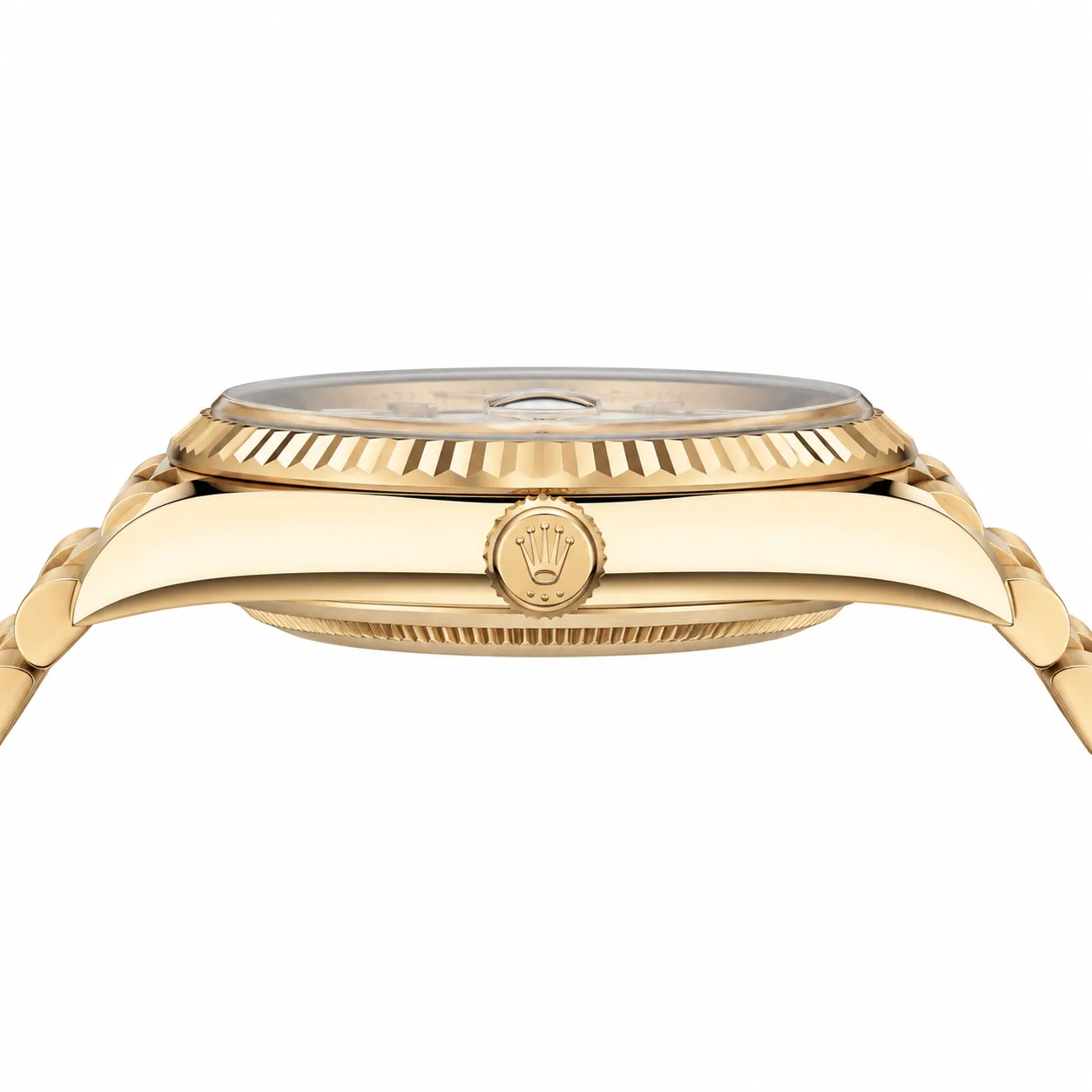 Rolex Day-Date m228238-0071 40mm Calibre 3255 Champagne / Triangular Fluted Bezel 18K Yellow Gold AI 头图 2 - 侧面细节 [ai-shot:side-detail]