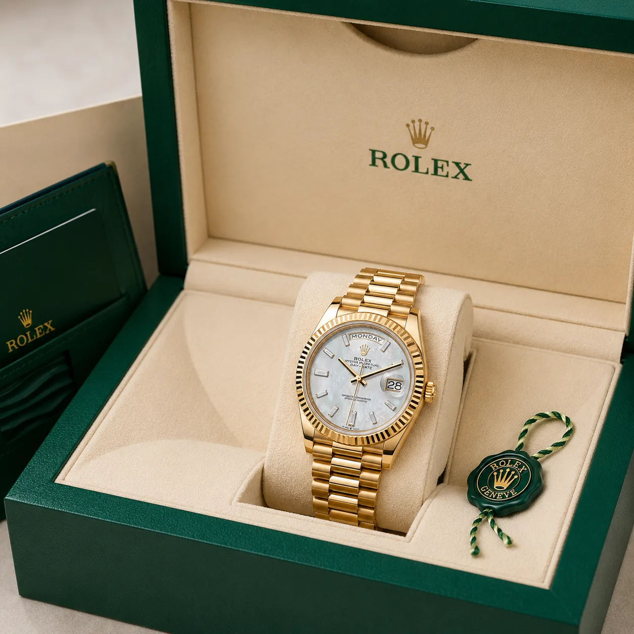Rolex Day-Date m228238-0071 40mm Calibre 3255 Champagne / Triangular Fluted Bezel 18K Yellow Gold AI 头图 5 - 包装盒 [ai-shot:box-shot]